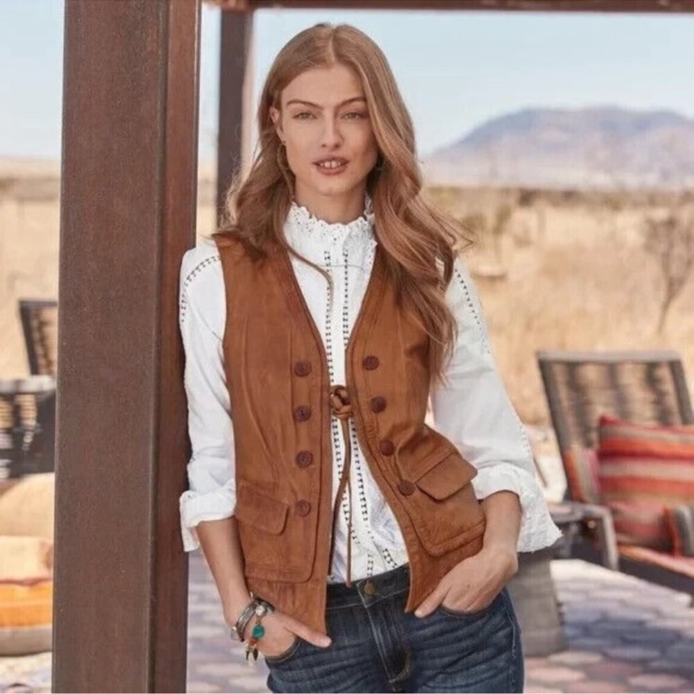 Sundance Rustic Brown Leather Button Front Vest - Picture 2 of 16